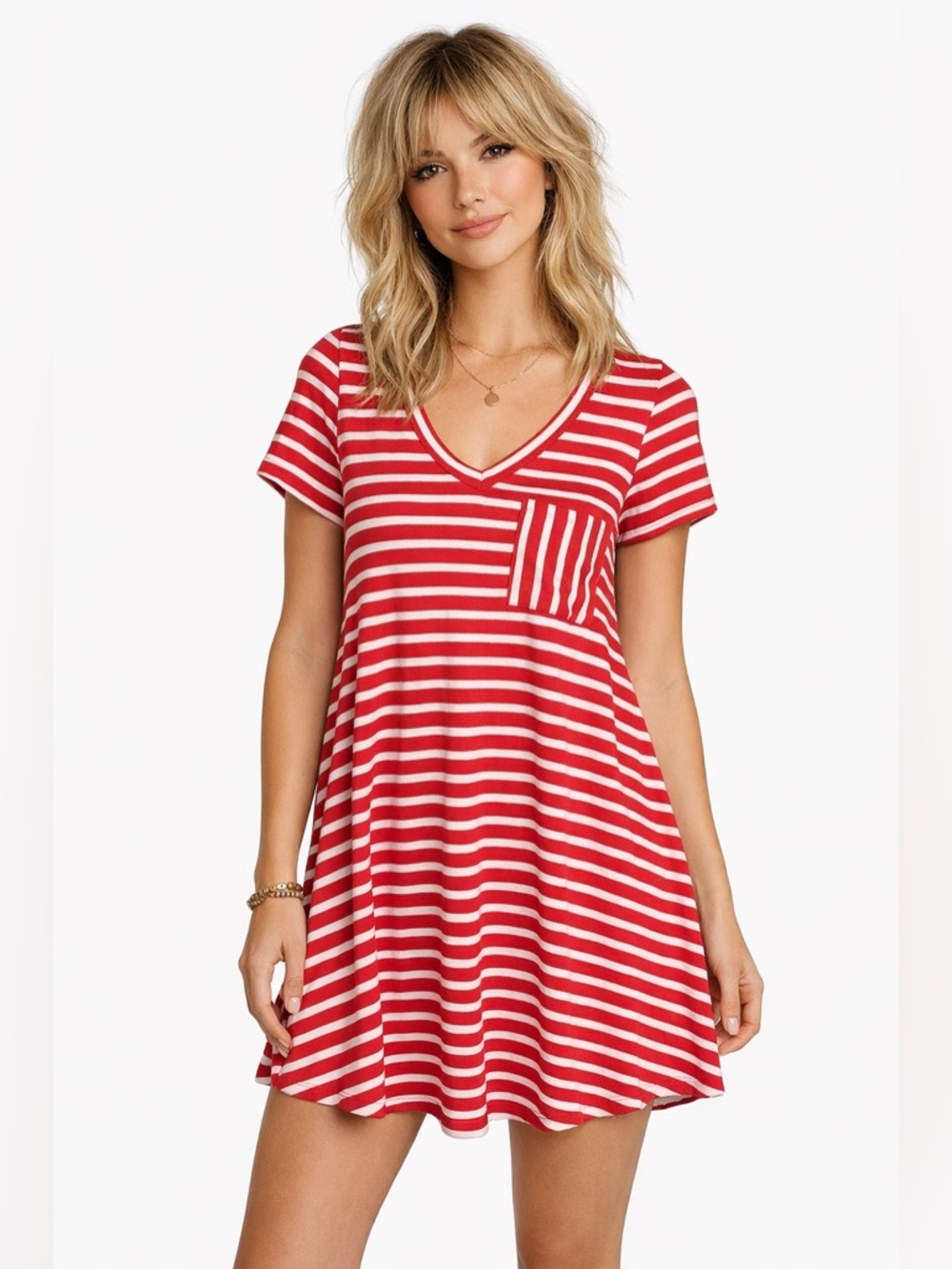 Entro Red White Striped T-Shirt Dress Small Tunic Pocket Casual Swing Anthro